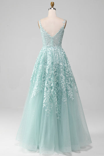 Glitter Mint A-Line Tylle Long Prom kjole med blonder